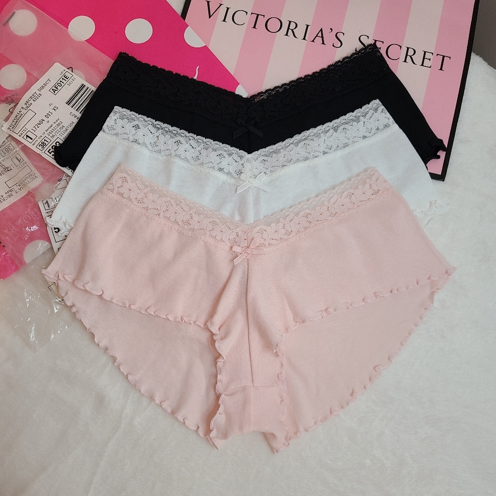 VTG Victoria's Secret 3pk Pretty Cotton Ruffle Low Rise Boyshort Panties Size XS